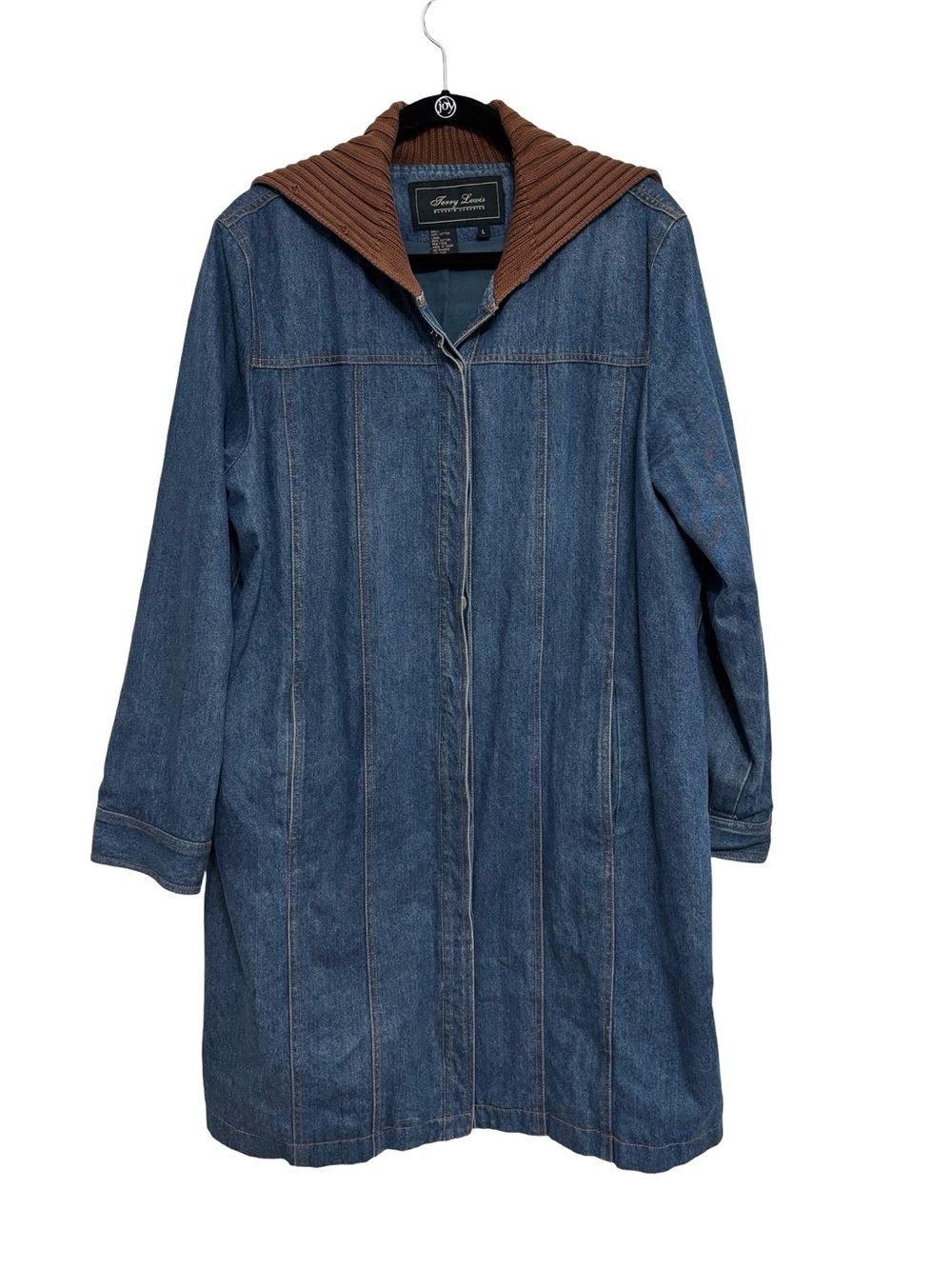 Vintage Women’s Denim Long A-Line Barn Chore Coat with Knit Collar - Size L